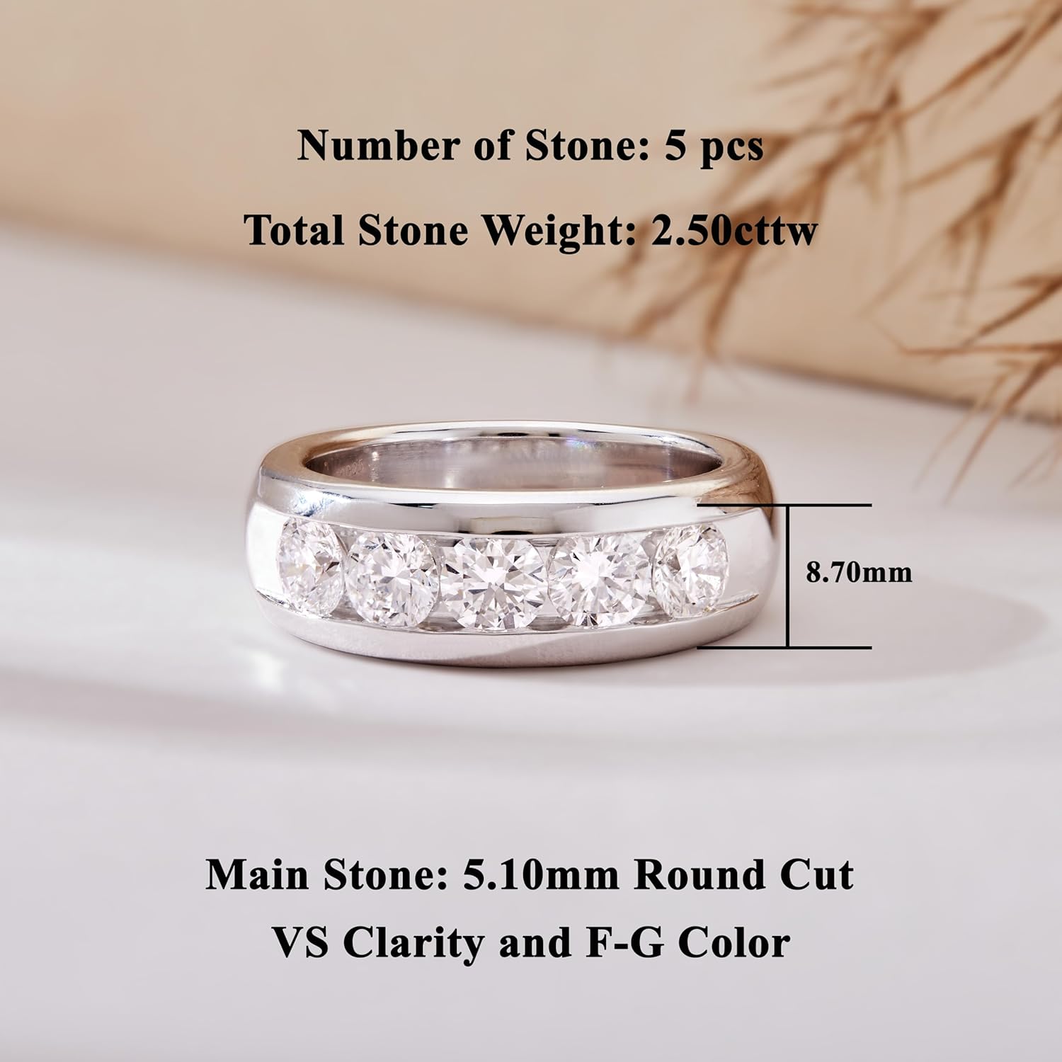 Dewberry Men's 5-stone Anniversary Wedding Band Ring | 925 Sterling Silver Engagement Rings for Men Groom | 2.50 Cttw Round Cut Lab Grown Diamond Promise Ring For Him | 14K White or Yellow Gold Plated Channel Set Wedding Rings FG Color VS Clarity Size 5-14