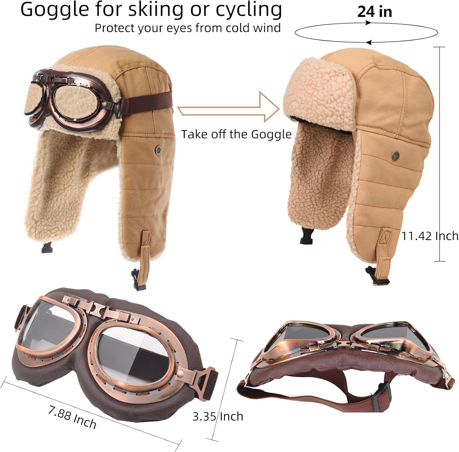 Aviator Hat with Goggles Adult Vintage Pilot Hat Costume Winter Bomber Hat Fur Ear Flaps Trapper Hat Men Women
