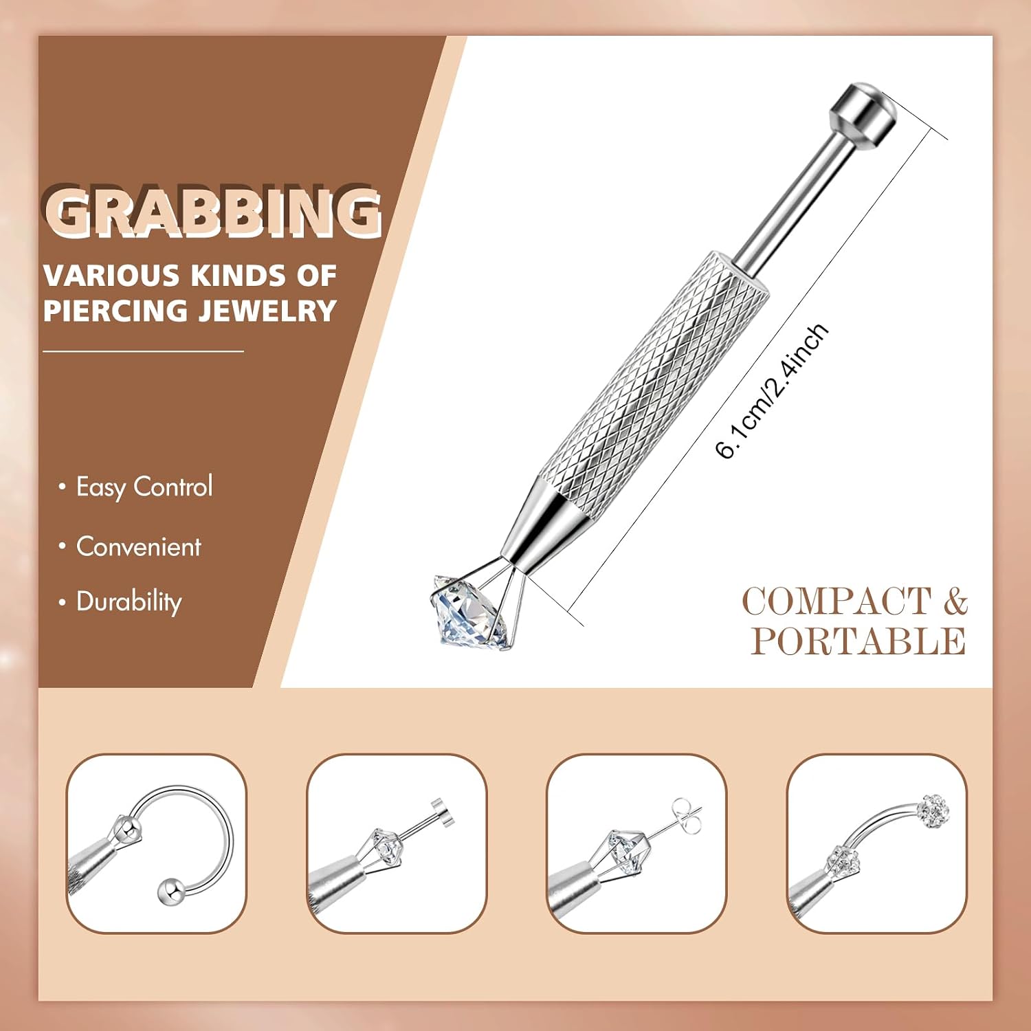 ONESING 2Pcs Piercing Ball Grabber Tool for Changing Jewelry, Stianless Steel Flat Back Earring Applicator Internally Threaded Push Pin Piercing Grabber Tool, Anti Slip 4 Claw Gem Ball Grabber Tool