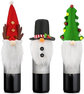 3 Pack Christmas Gnome Wine Bottle Covers,Swedish Gnomes Wine Bottle Toppers Decorative Santa Christmas Tree Snowman,Wine Bottle Bags for Christmas Holiday Party Decorations