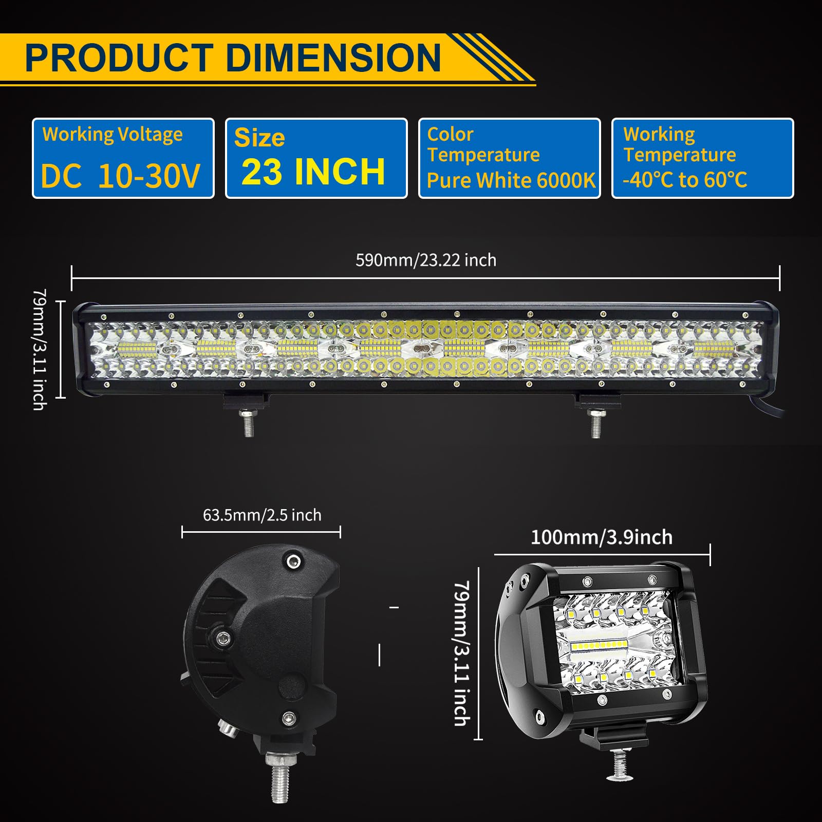 PICAA 59cm 23 Pollici 480W Barra Led Fuoristrada+2x 4" 60W Faro da Lavoro Led+Cablaggio Kit, Tripla File 6000K Bianco Auto Camion 4x4 Barra Luminosa a Led 12V 24V Fari Led
