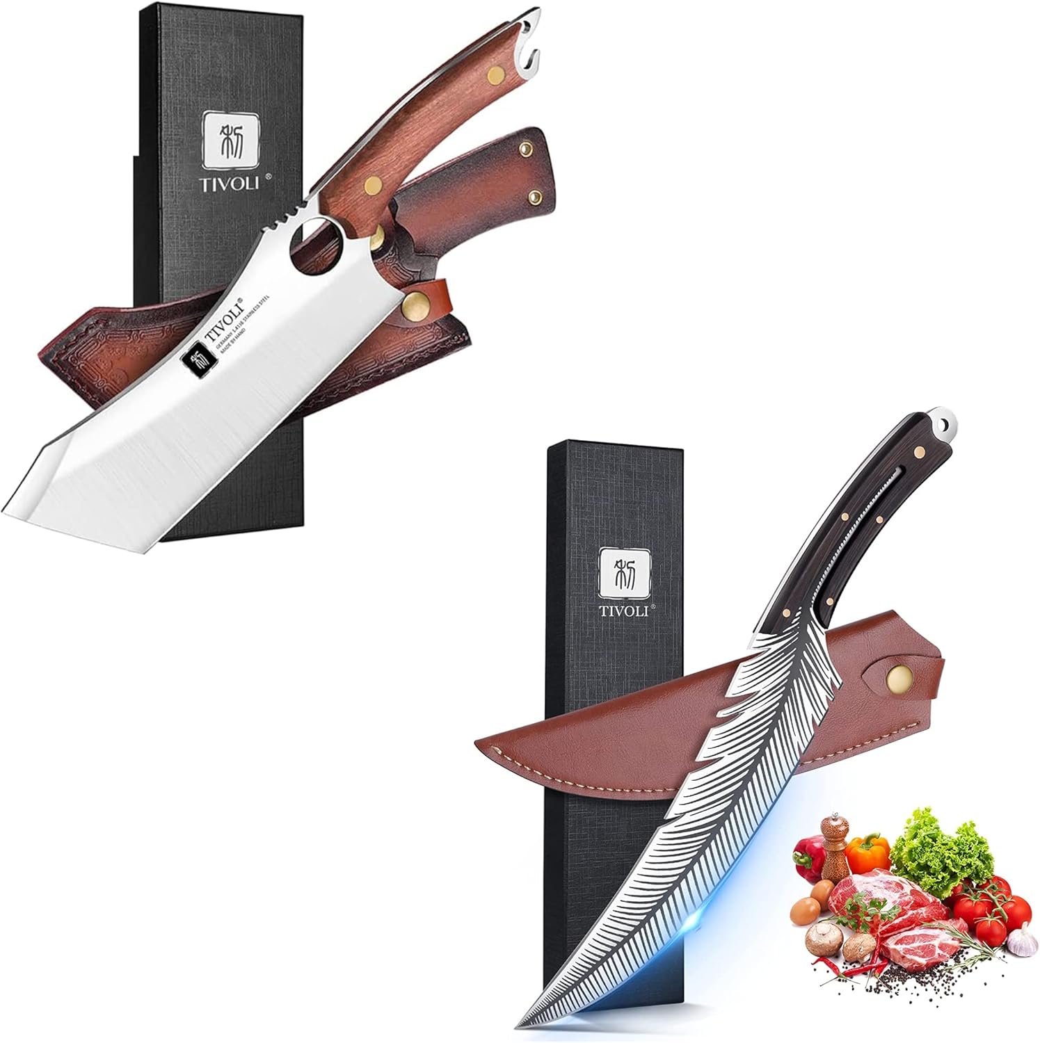 TIVOLI Meat Cleaver with Feather Knife set, Forged Full Tang Knife with Sheath Kitchen Cooking Knife Meat Cleaver Viking Brisket Knife