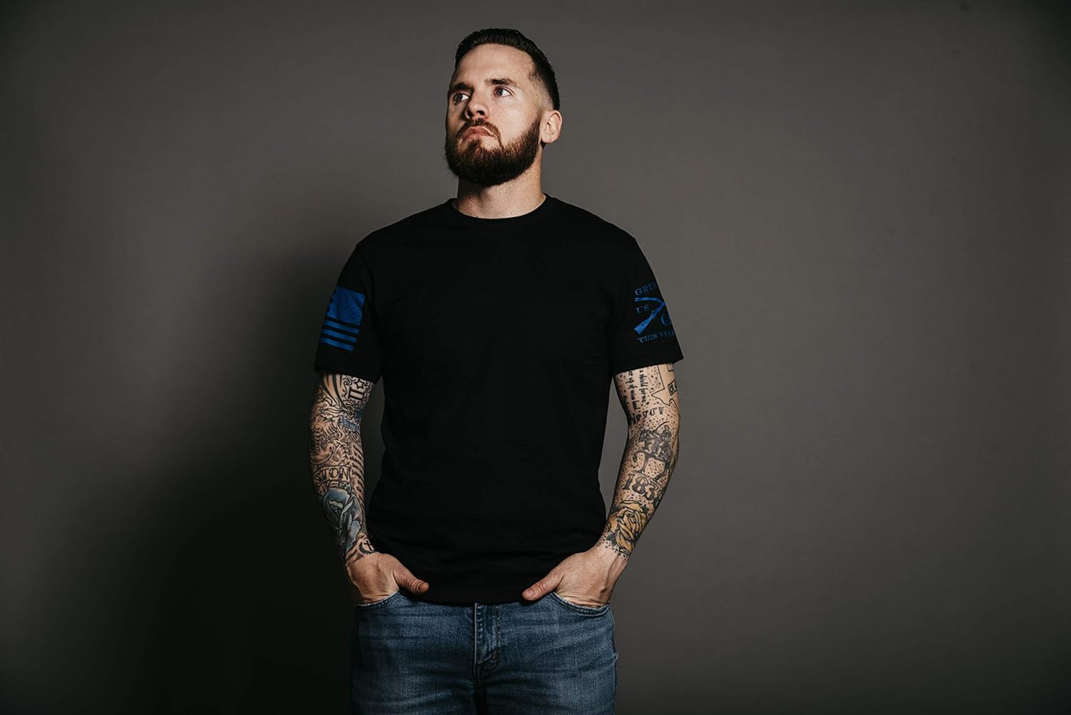 Grunt Style Blue Shield - Men's T-Shirt Black - Image 2