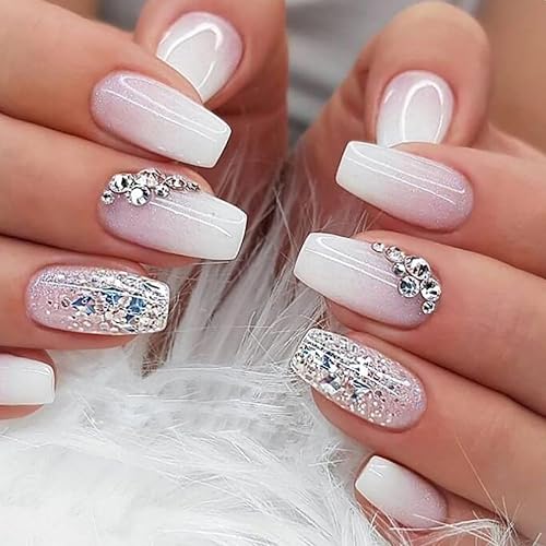 Uñas postizas medianas con forma de ataúd, color rosa francés, degradado, cobertura completa, con diseños de purpurina, diamantes de imitación, uñas