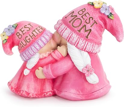 Hodao Mother Daughter Figurine, Resin Hug Sculpture Gift for Mom or Daughter, Hand-Painted Pink Gnome Statue, Best Mom Best Daughter Gift, Mini Tabletop Home Decor for Shelf Bedroom Desk
