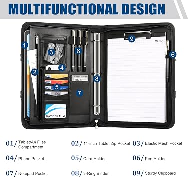 Portfolio Binder 3 Ring Includes Pen and 5 Dividers with 10 Pockets, Padfolio Organizer with Zipper for Men and Women, Includes A4 Notepad for Business, School, Work