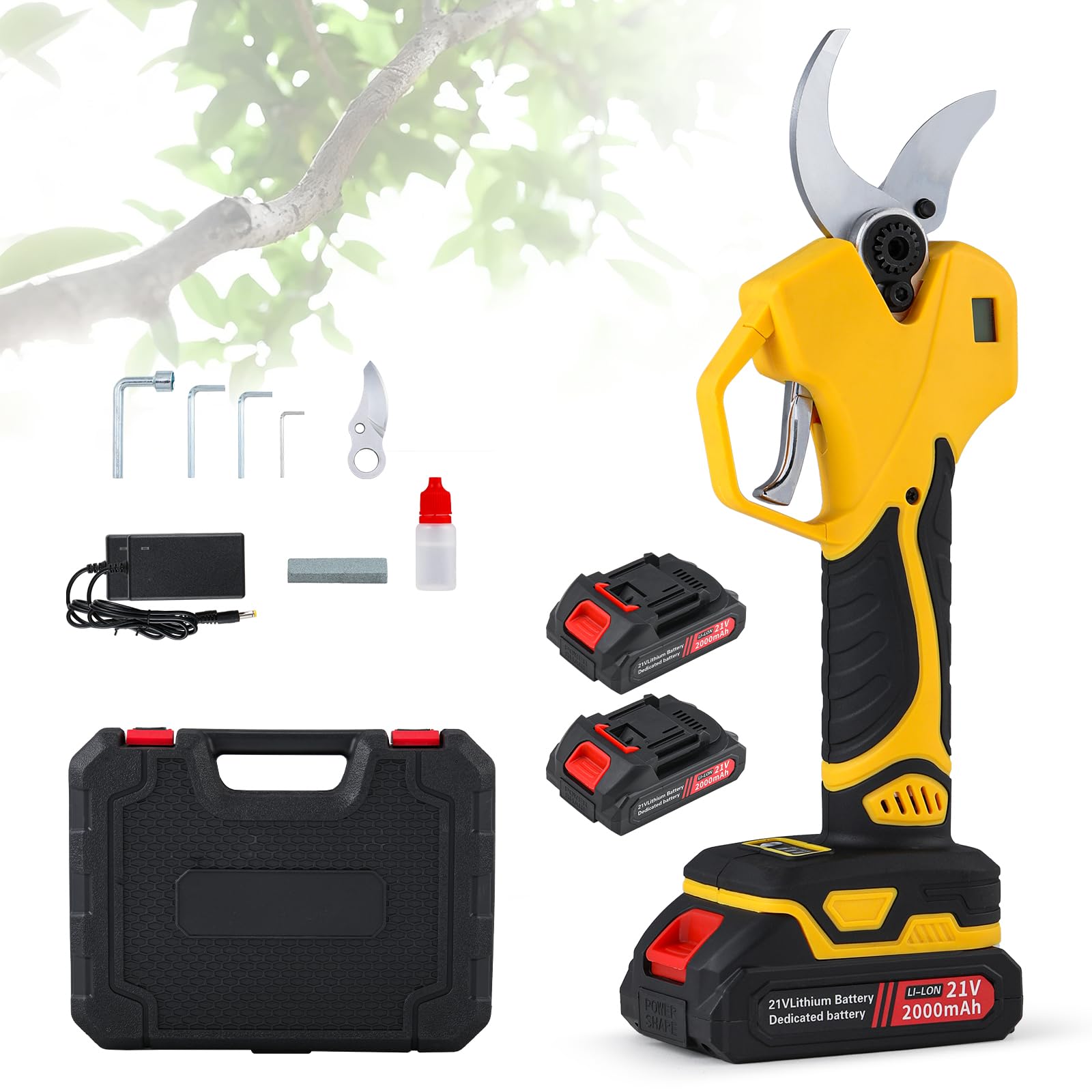Moongiantgo Sécateur à Batterie, 40mm Diamètre de Coupe, Sécateur Sans Fil avec Écran LCD & 2x2000mAh, Moteur Sans Brosses, Lames Acier Carbone, Idéal pour les Arbres Fruitiers, Jardins