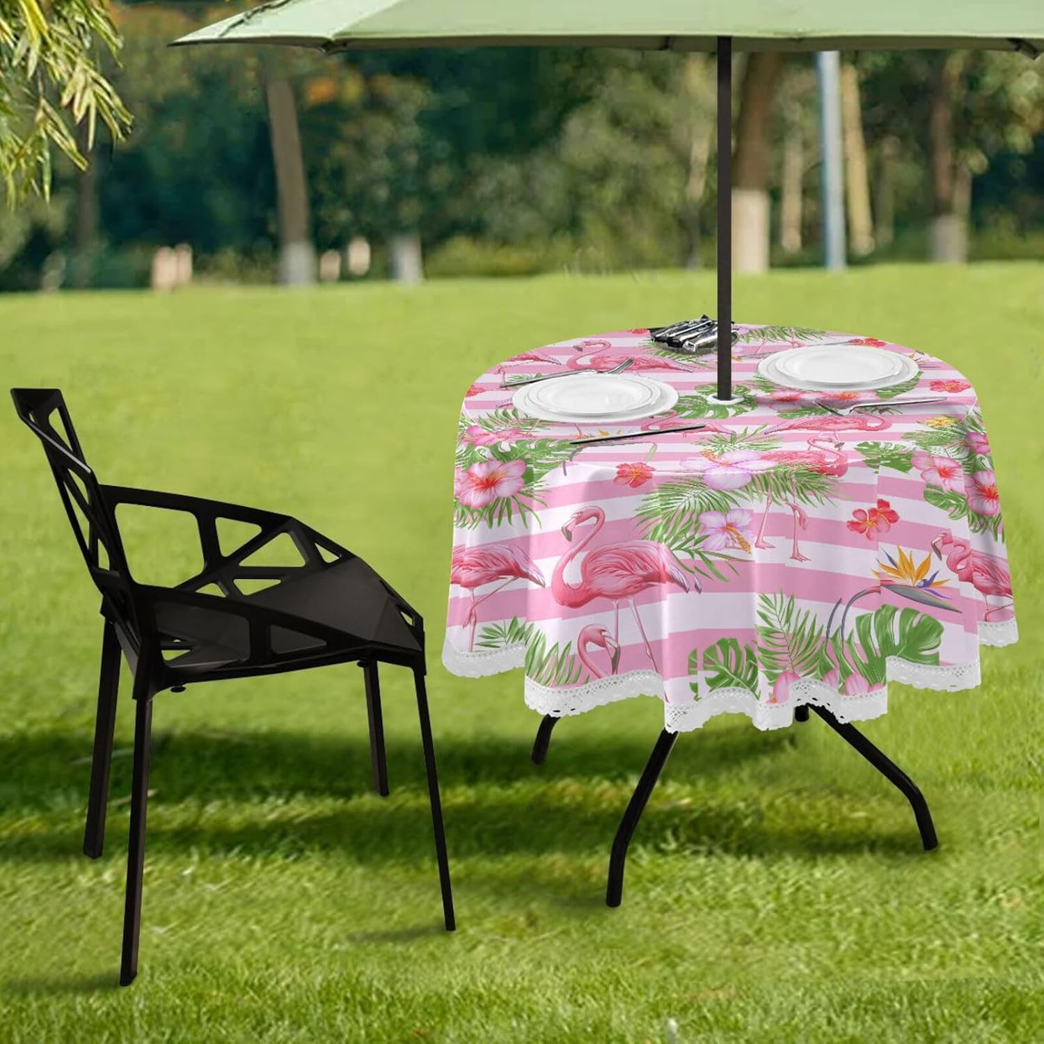 xigua Nander Indoor Outdoor Spillproof Round Tablecloth Waterproof with Zipper Umbrella Hole Patio Table Cloths,Backyard Parties Spring/Summer Picnic BBQs - Summer Flower Flamingo