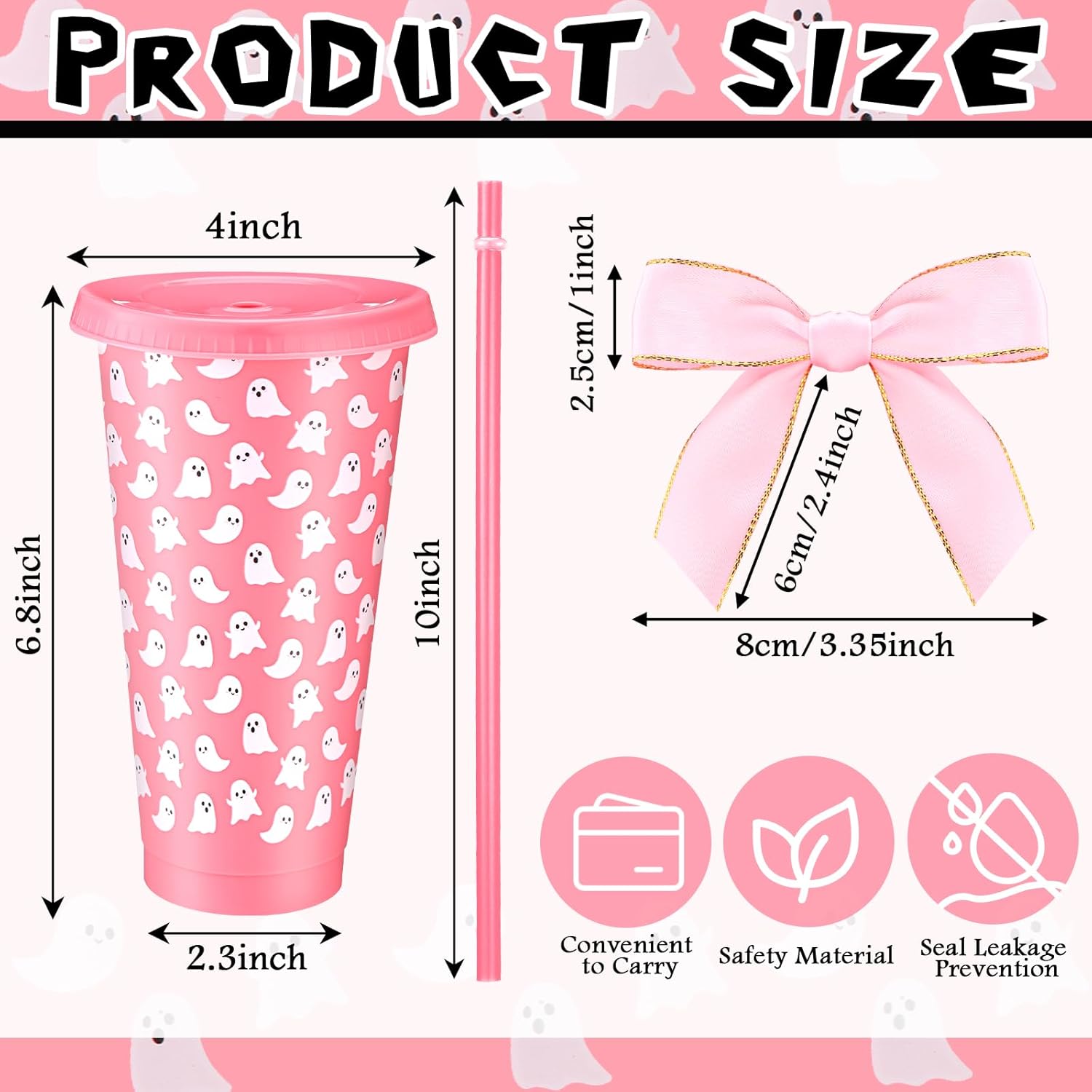 12 Sets Halloween Ghosts Tumbler Cups Bulk 24 oz Reusable Cute Spooky Plastic Tumbler with Straw Lid and Bow Ghost Party Favor for Little Boo Baby Shower Party Supplies(Pink) - Image 2