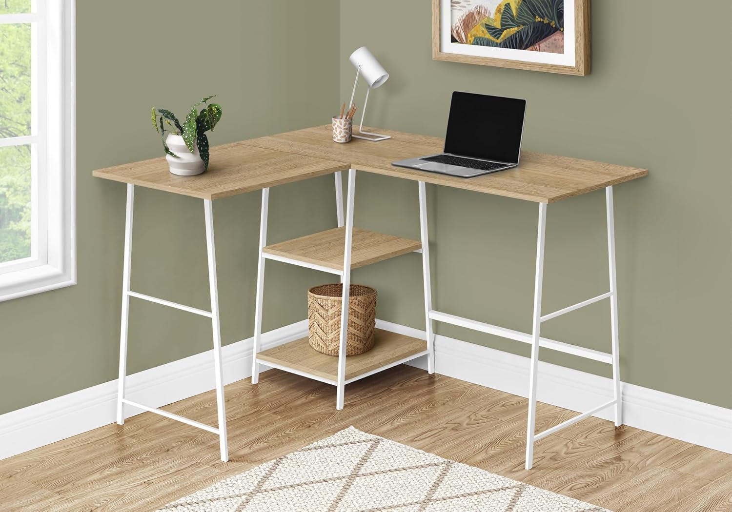 Monarch Specialties I 7597 Computer Desk, Home Office, Corner, Storage Shelves, 48" L, L Shape, Work, Laptop, Metal, Laminate, Natural, White, Contemporary