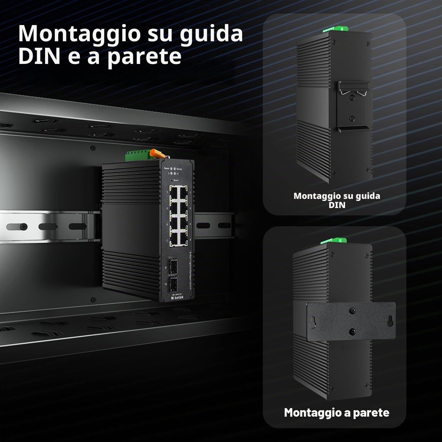 MokerLink Switch Ethernet a 8 porte Gigabit industriale DIN-Rail gestito, 2 porte SFP, capacità di commutazione 20 Gbps, switch di rete Web L2+ gestito IP40, con alimentatore di rete