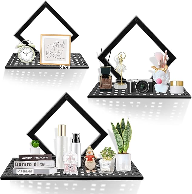 Metal Wall Mounted Floating Shelves, Modern Decorative Wall Storage Shelf Organizer Set of 3, Hanging Display Ledge Shelf for Living Room Bedroom Kitchen Bathroom Office - 3 Different Sizes (Black)