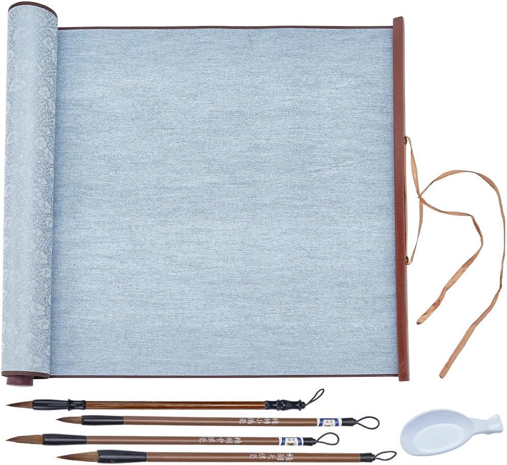 WEBEEDY No Ink Reusable Calligraphy Cloth Scroll Set with 4 Chinese Brushes, 1 Pen Holder, Magic Water Painting Paper Chinese Calligraphy Practicing Tool for for Beginners Professional, 6 Pcs