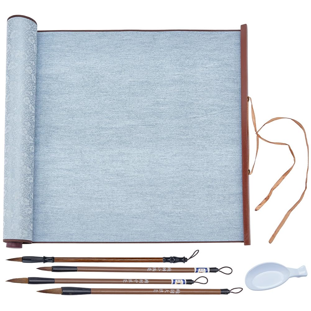 WEBEEDY No Ink Reusable Calligraphy Cloth Scroll Set with 4 Chinese Brushes, 1 Pen Holder, Magic Water Painting Paper Chinese Calligraphy Practicing Tool for for Beginners Professional, 6 Pcs