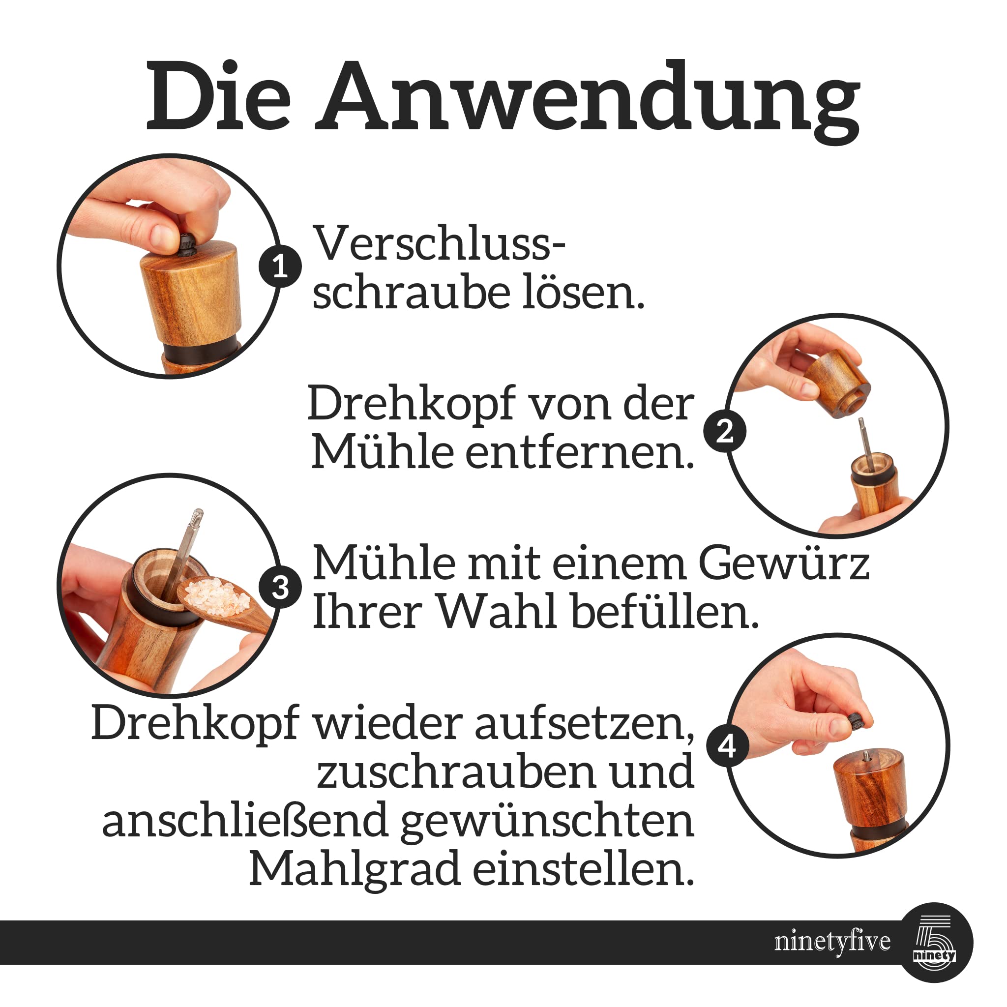 ninetyfive® edles Pfeffermühlen Set aus Holz | Salz und Pfeffermühle + Untersetzer und Einfülllöffel aus Akazienholz | Gewürzmühlen mit Keramikmahlwerk (21cm) | hochwertige Geschenk- Verpackung