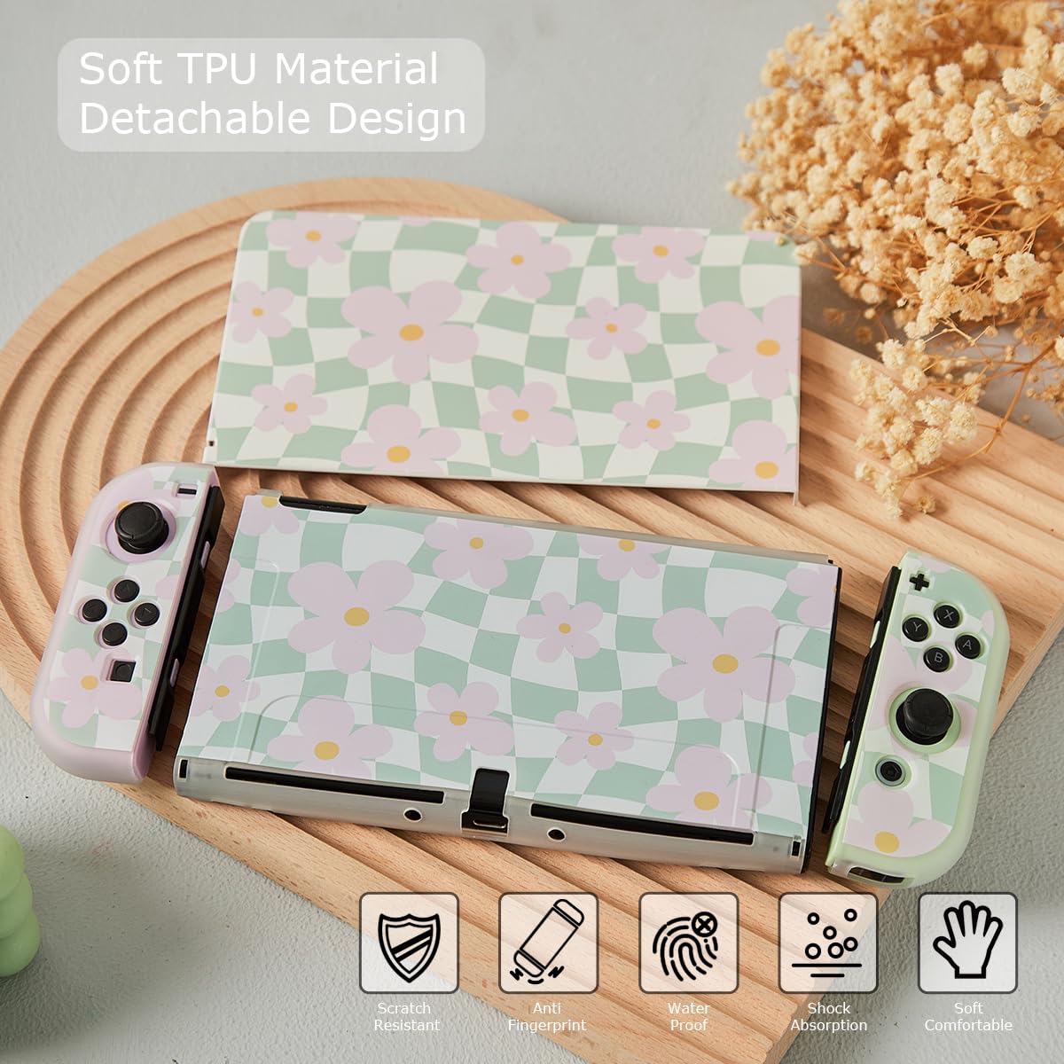 Protective Case for Switch OLED, Silicone Cover Shell Compatible with Nintendo Switch OLED Dockable Case Cozy Accessory Full Protection for Controller & Joy con-Sage Green Checker - Image 6