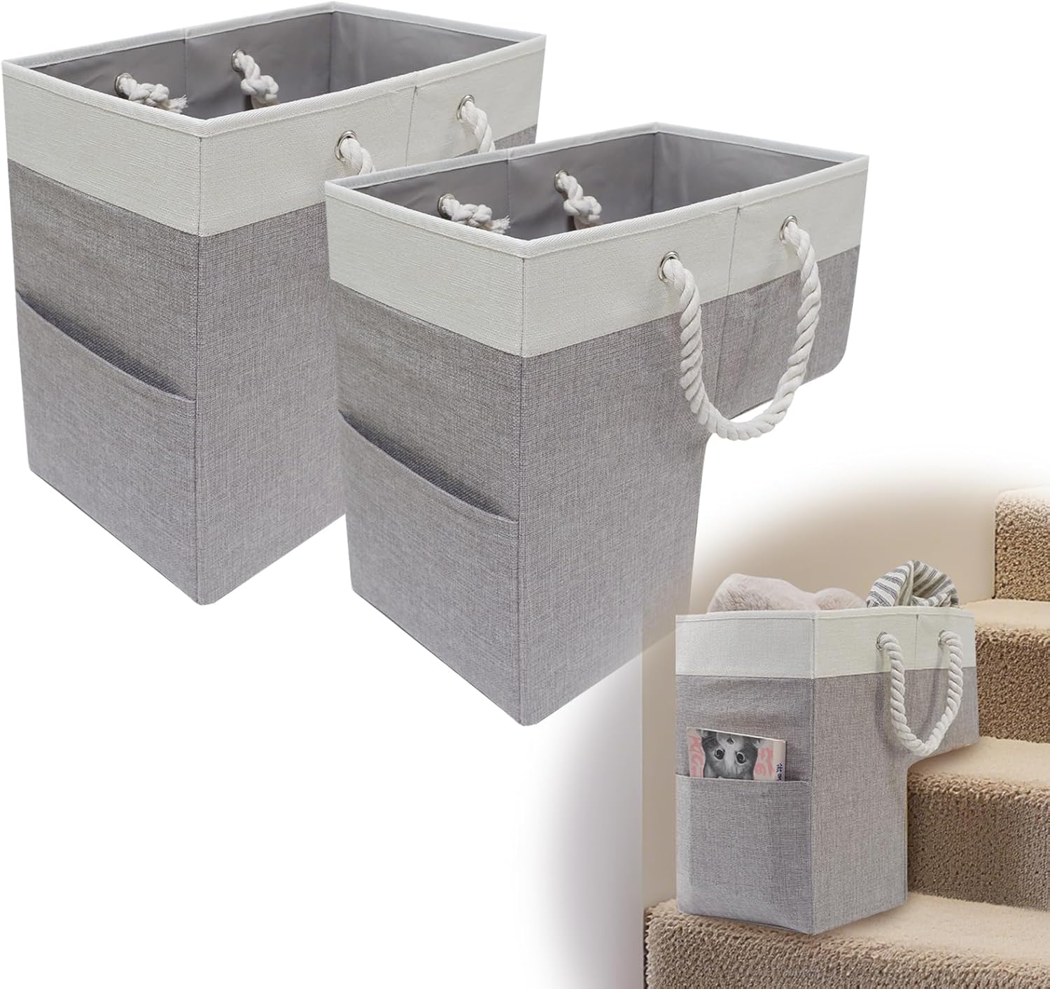 2 Pack Stair Basket with Cotton Rope Handles, 16" L x 10" W x 16" H, Foldable Cotton Storage Organizer for Carpet and Wood Stairs, Home and Office