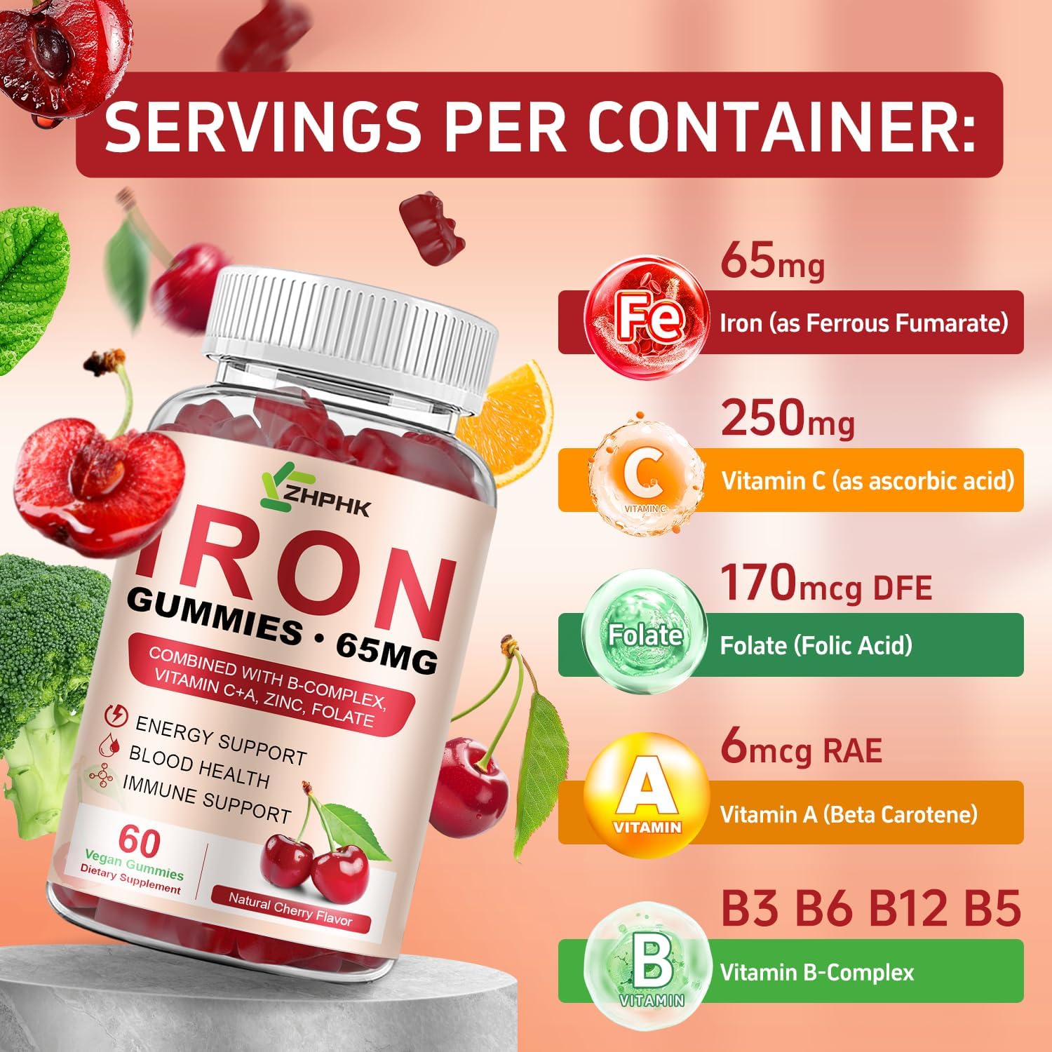 Iron Supplement for Women, Men & Kids, Iron 65mg & Vitamin C 250mg per Serving with B6 B12 Folate- Energy Support for Iron Deficiency, Anemia, Vegan Gummy Cherry Flavor, 60 Count - Image 4
