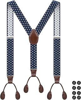 Button Suspenders for Men Y-Back 1.4 Inches Wide Leather Button End Elastic Adjustable Suspenders