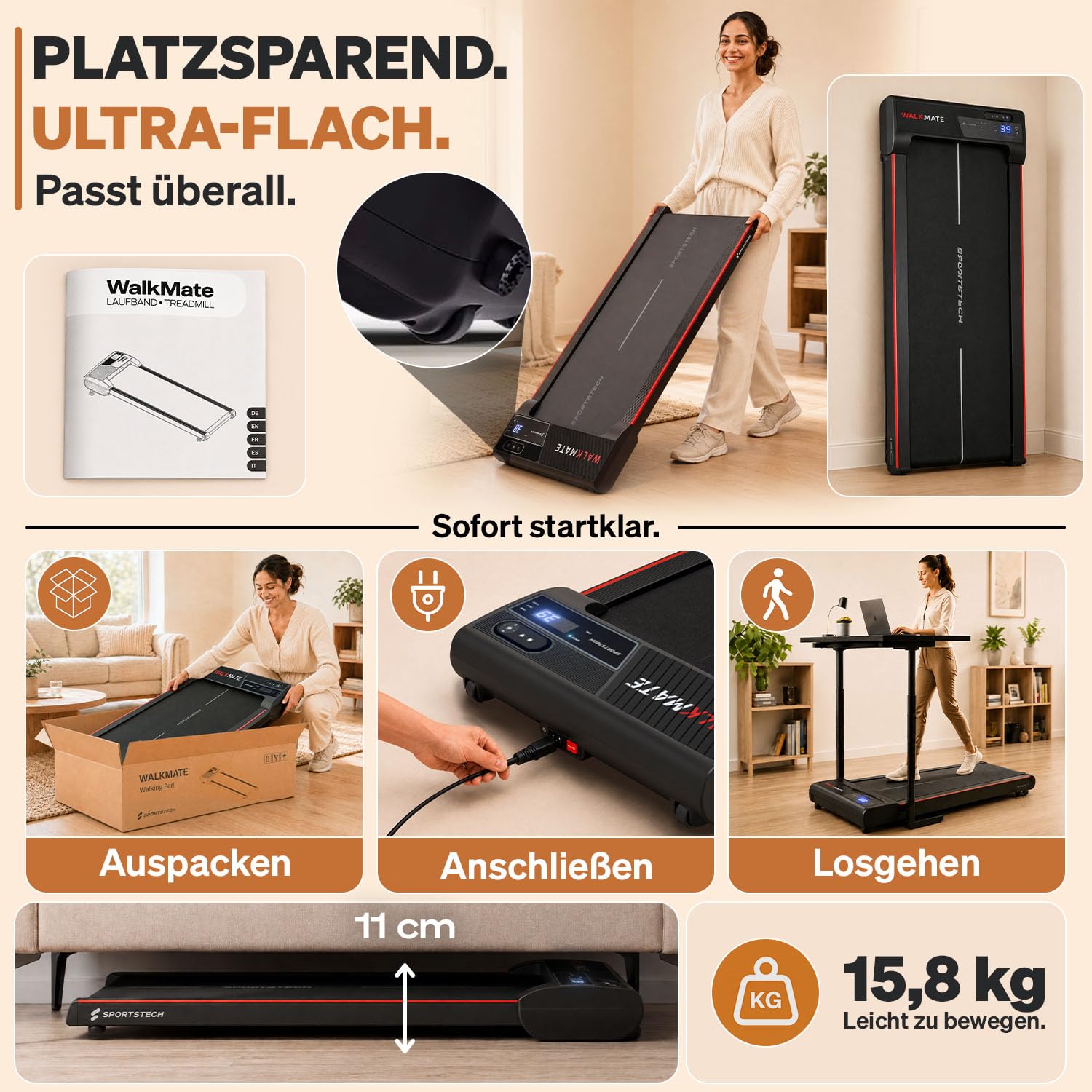 Sportstech Walking Pad - Laufband Für Zuhause mit Steigung bis 5% | 1-6km/h, inklusive App Mitgliedschaft | Home Office, Schrittzähler, leicht & kompakt, Transportrollen | WalkMate bis 120kg