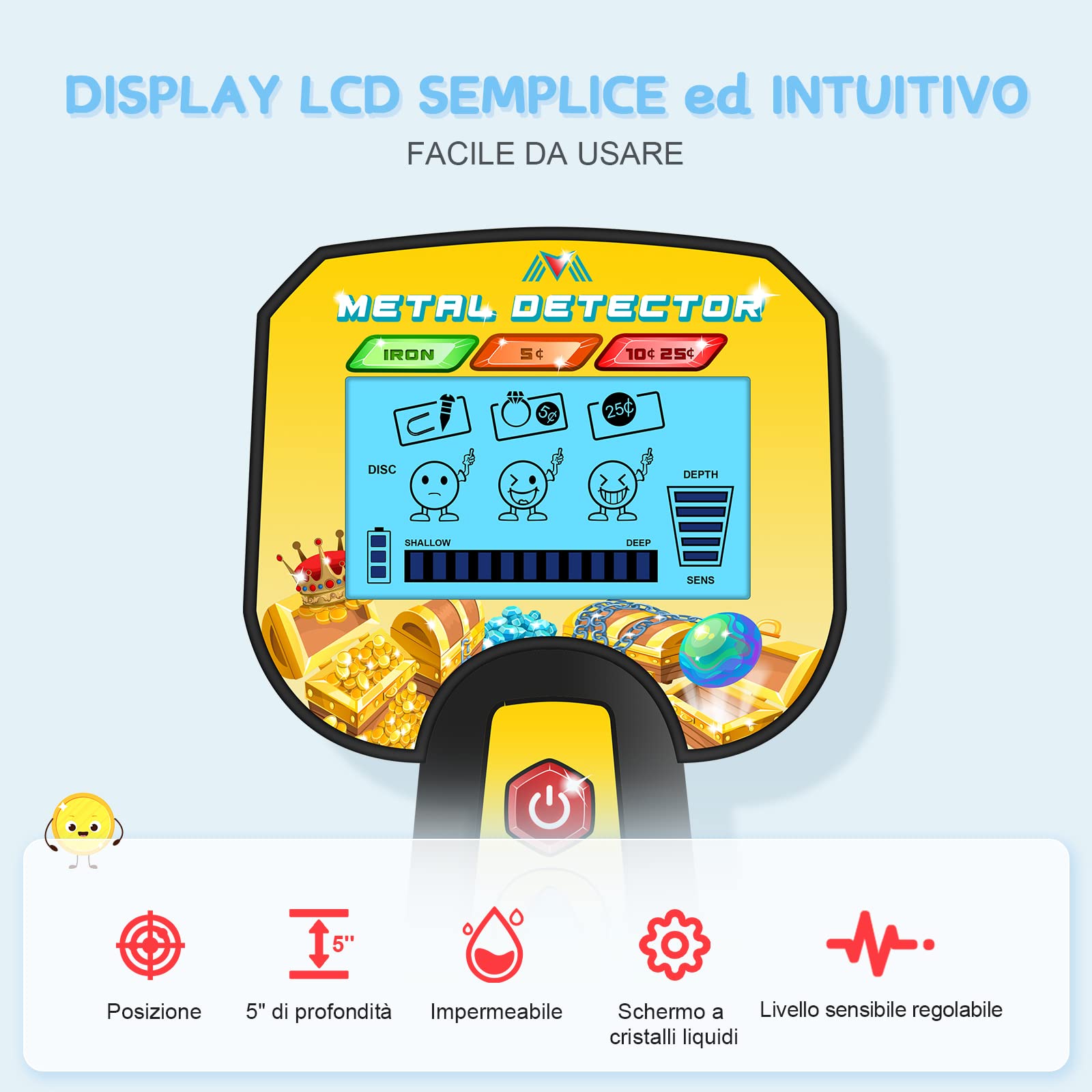 Rivelatore di metallo per bambini, impermeabile, con paletta per bambini, bobina di ricerca da 7,5" con display LCD