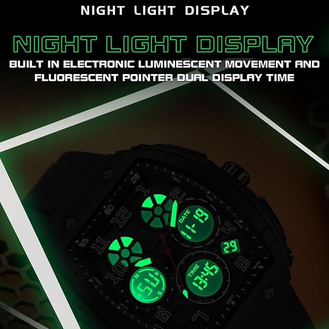 findtime Watches for Men Relojes para Hombres Wristwatch with Digital Analog Dual Time Display Countdown Stopwatch Punk Cool Design 5ATM Waterproof Mens Watch | Reloj de Hombre Rectangle Design Digital Analog Dual Time Display Countdown Stopwatch Punk Cool Quartz Wristwatch