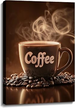 Coffee Canvas Wall Art Bar Wall Decor Brown Poster Caffe Latte Painting Vintage Artwork for Kitchen Dinging Room Decor FramedPicture-1,12.00"x18.00"