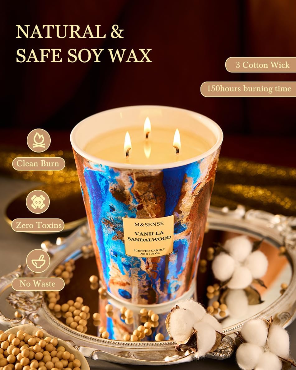 M&SENSE Large Soy Vanilla Sandalwood Scented Candle, 35oz 150 Hours 3-Wick Non-Toxic Candles, Warm Cozy Housewarming Gift, Mothers Day Decor for Home Relaxation