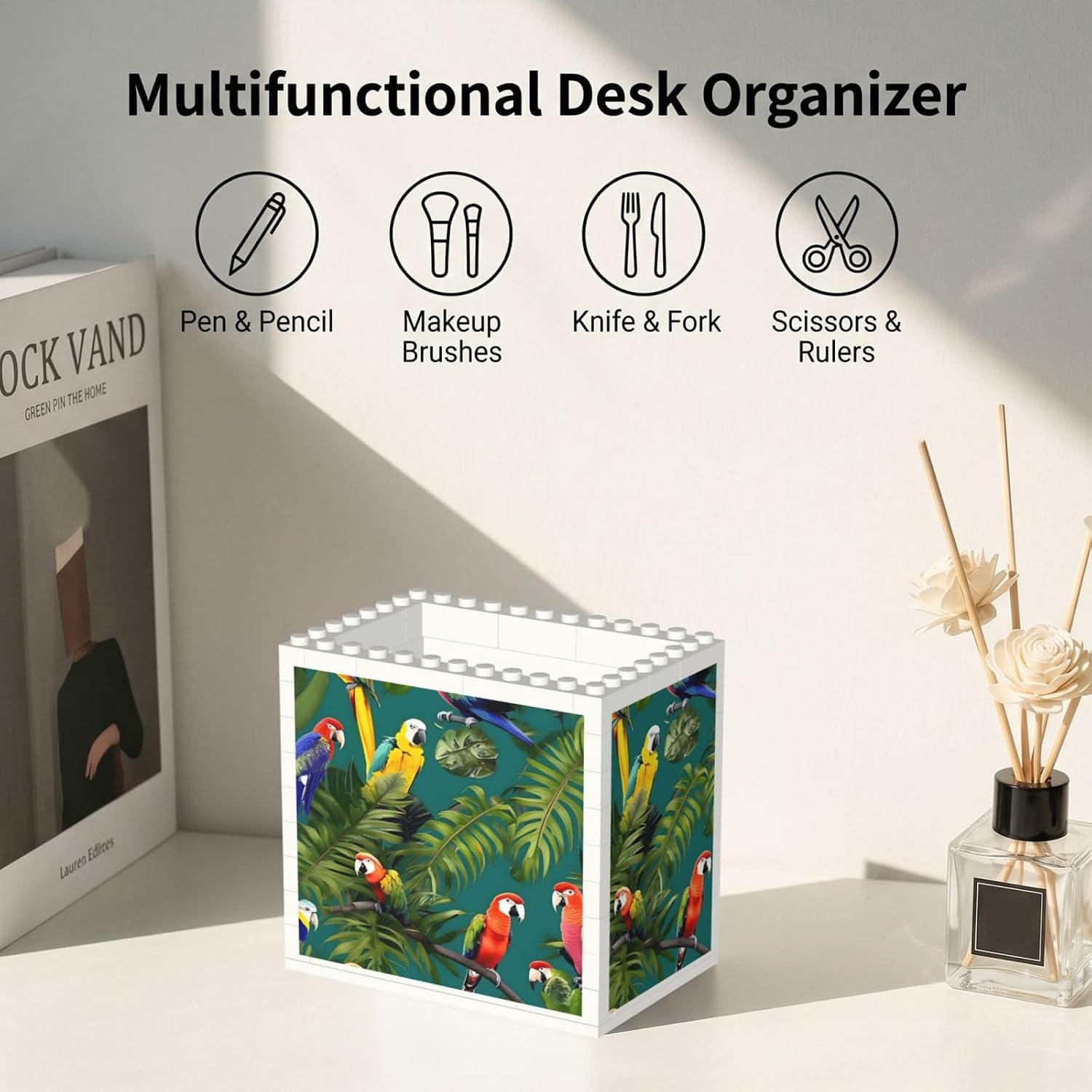 Tropical Plants And Parrots Print Uv Print Block Pencil Cup, Detachable Creative Block Desk Organizer Office Abs Pen Holder image 5