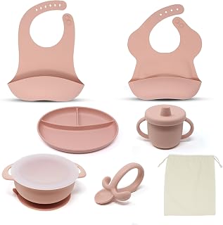 Baby Led Weaning Supplies - Baby Self-Feeding Non-Toxic 7 Piece Starter Set for Infant First Solid Food. Self Feeding with an anti-gagging spoon. Infant Training Spoon- Quartz Pink