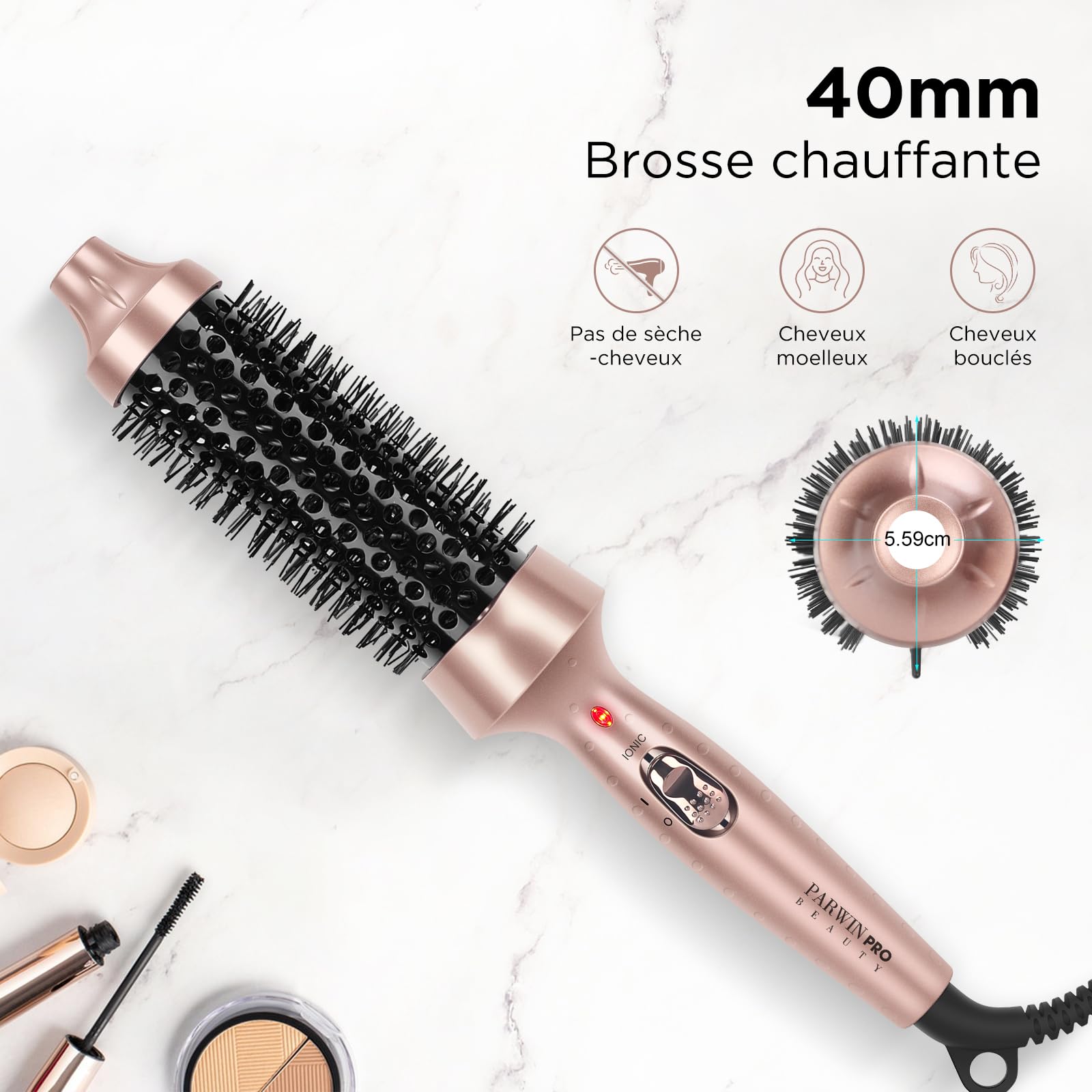 PARWIN PRO BEAUTY Brosse thermique 40mm avec tourmaline céramique chauffante et ions négatifs lisseur fer à friser brosse chauffante brosses coiffantes double tension pour femmes cadeaux de voyage
