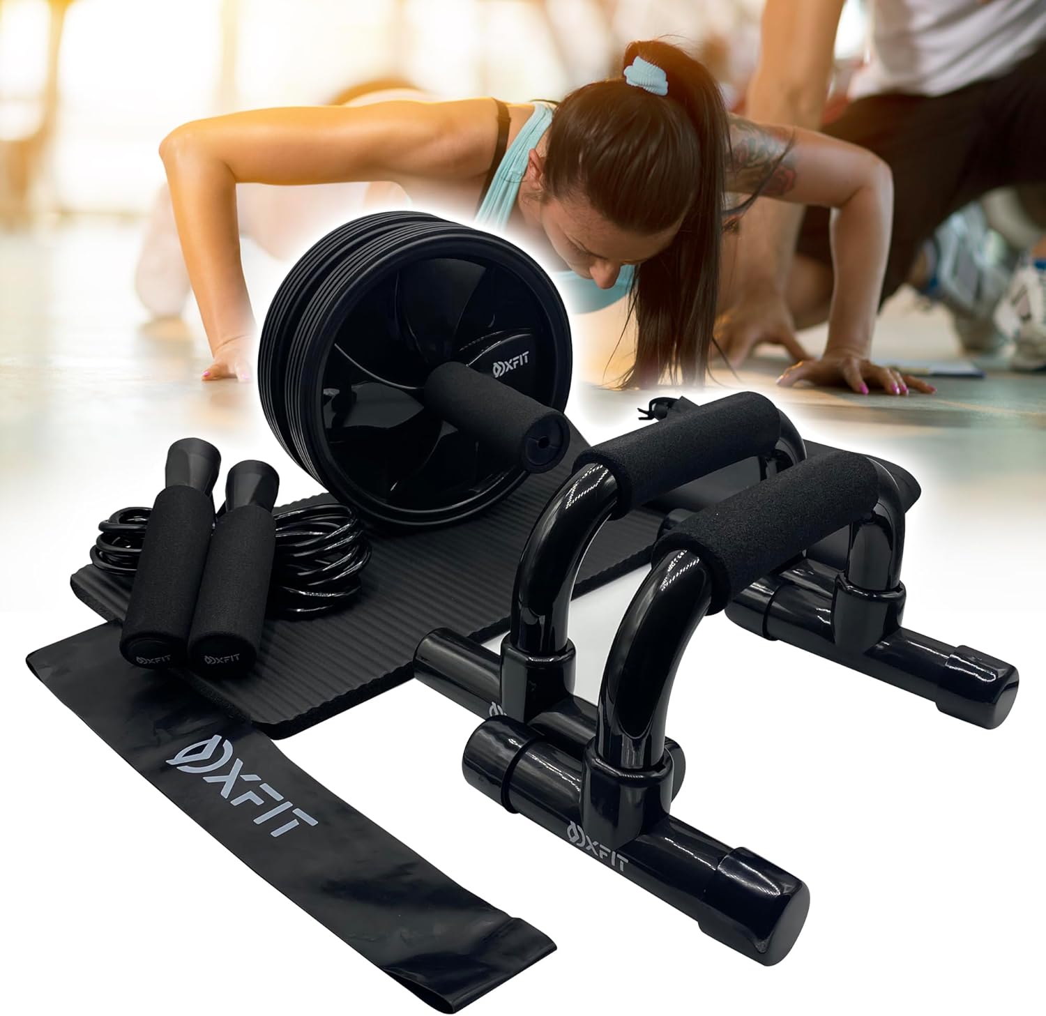 Home Gym Equipment Set - Ab Roller Wheel, Skipping Rope & Push-up Handles for Complete Workout
