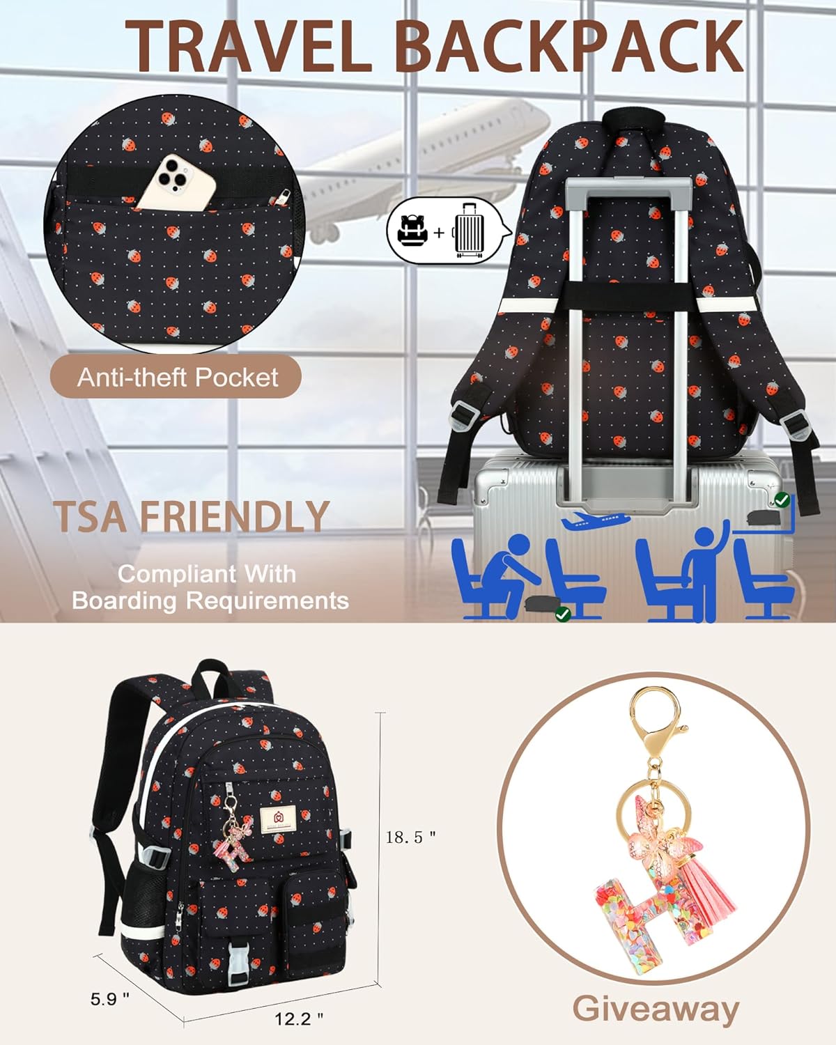 Laptop School Backpack for Teen Girls Women 15.6 Inch Cute College Backpacks Large Elementary Middle High School Bag Kids Student Strawberry Bookbag Anti Theft Travel Casual Daypack (Black-Strawberry) - Image 5