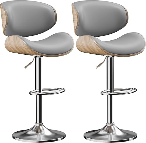 Juego de 2 taburetes de bar ajustables de cuero giratorios para isla de cocina, sillas de bar modernas de mediados de siglo, taburetes de bar con