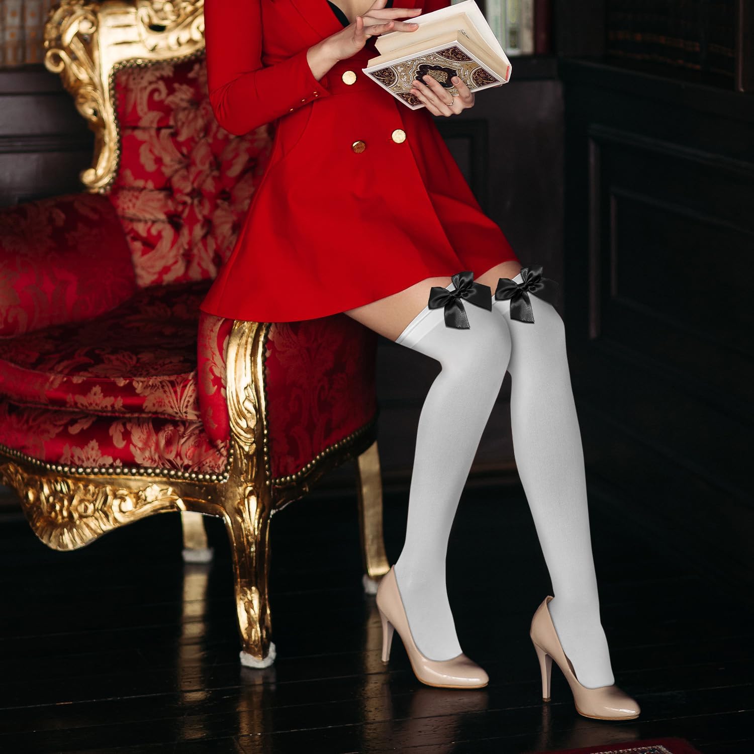Women’s Satin Bow Stocking Knee High Socks for Dirndl Halloween Costumes