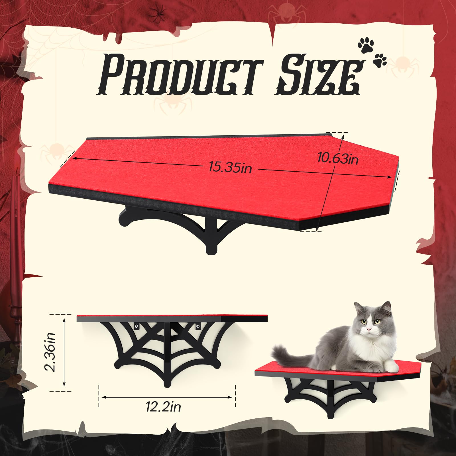 Gemscream Gothic Wall Mounted Halloween Shelf Coffin Spider Web Style Cat Tree Wall Load Bearing up to 30 Lbs/ 14 kg Black Cat for Indoor