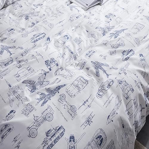 Miniatura 6 de KAREVER - Juego de edredón de avión, tamaño Queen, juego de cama blanco de caricatura, con estampado de tanque, avión y automóvil, para adolescentes