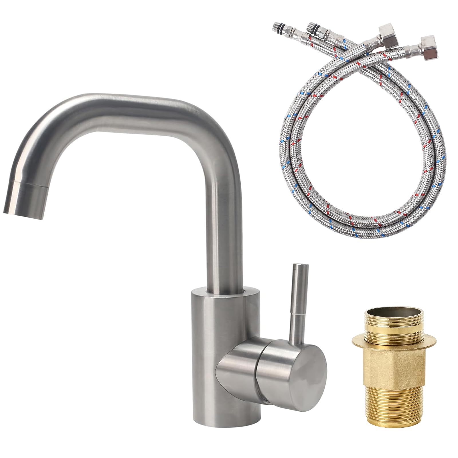 Rubinetto Bagno Lavabo Alto Spazzolato Girevole a 360° | Miscelatore Monocomando Alto con Bocca 140mm Regolazione a Caldo e Freddo Acciaio Inossidabile Attacco G3/8 60CM Tubo