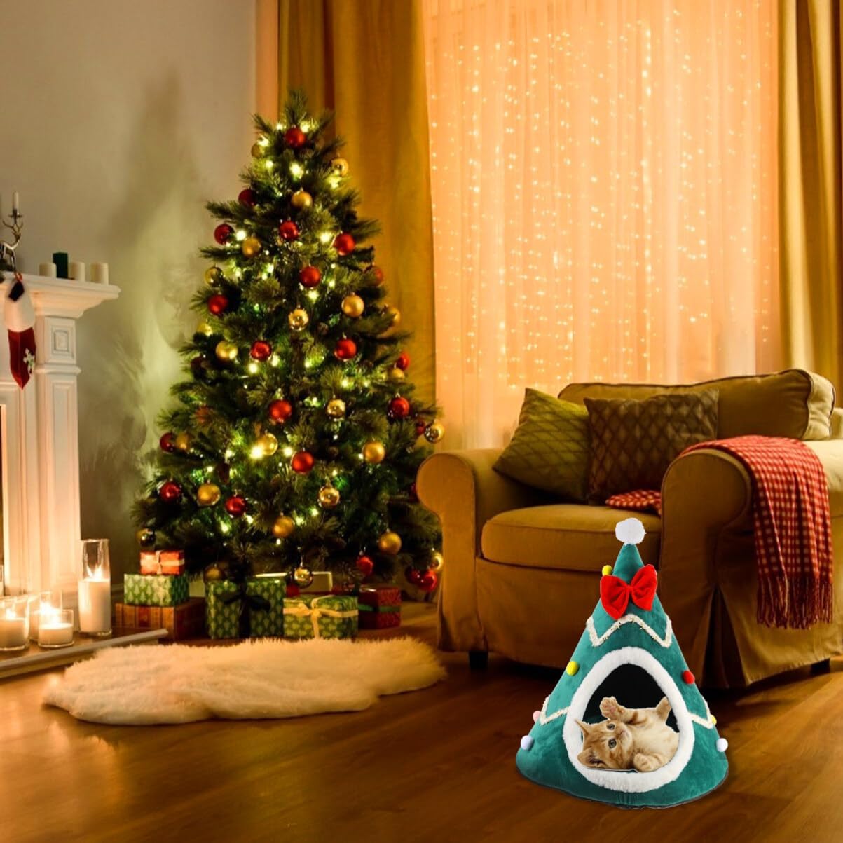 review POPETPOP Christmas Cat Bed Cave- Winter Warm Christmas Dog Tent Bed Dog House Indoor Dog Kennel for Small Dogs Cats Kitten Bed(Christmas Tree-Upgraded Version)