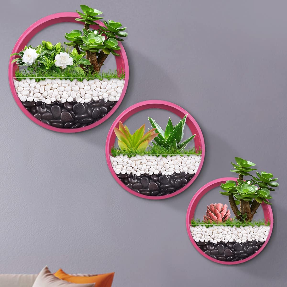 3 Pack Hanging Wall Planters - Modern Round Wall Basket Vertical Flower Pot Indoor Outdoor Embellishment Vase Plant Holder for Succulents Air Plants Cactus Herbs Orchids (Pink)