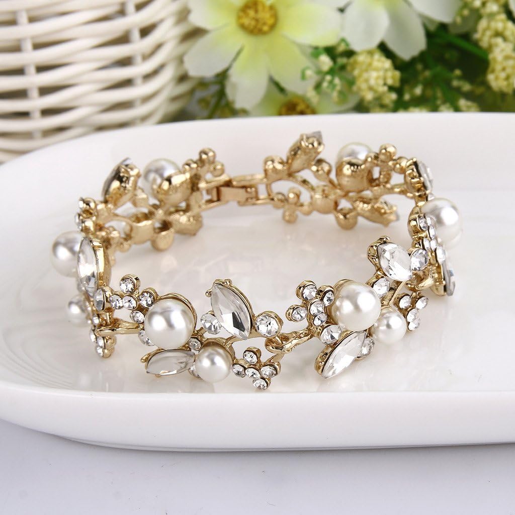 EVER FAITH Austrian Crystal White Simulated Pearl Bridal Floral Leaf Tennis Bracelet Clear - Image 3