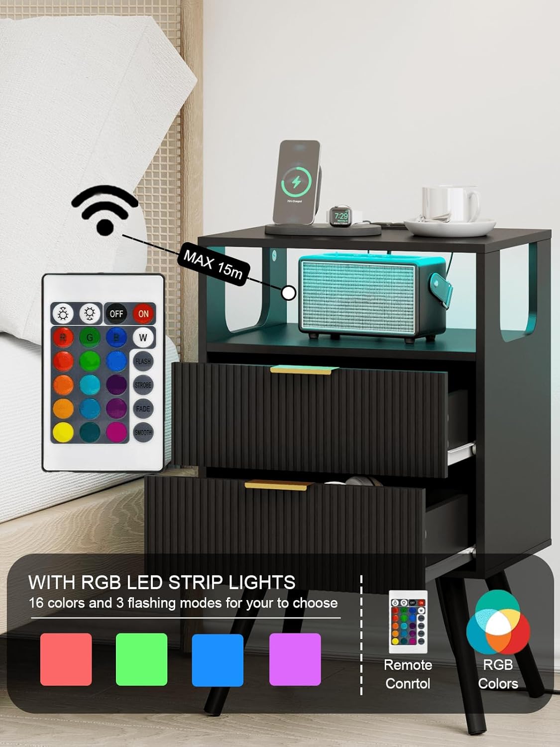 Nightstand with Charging Station and LED Lights, Modern Bedside Table with 2 Storage Drawer and Open Wood Shelf for Bedroom and Small Spaces, Night Stand with Solid Wood Legs