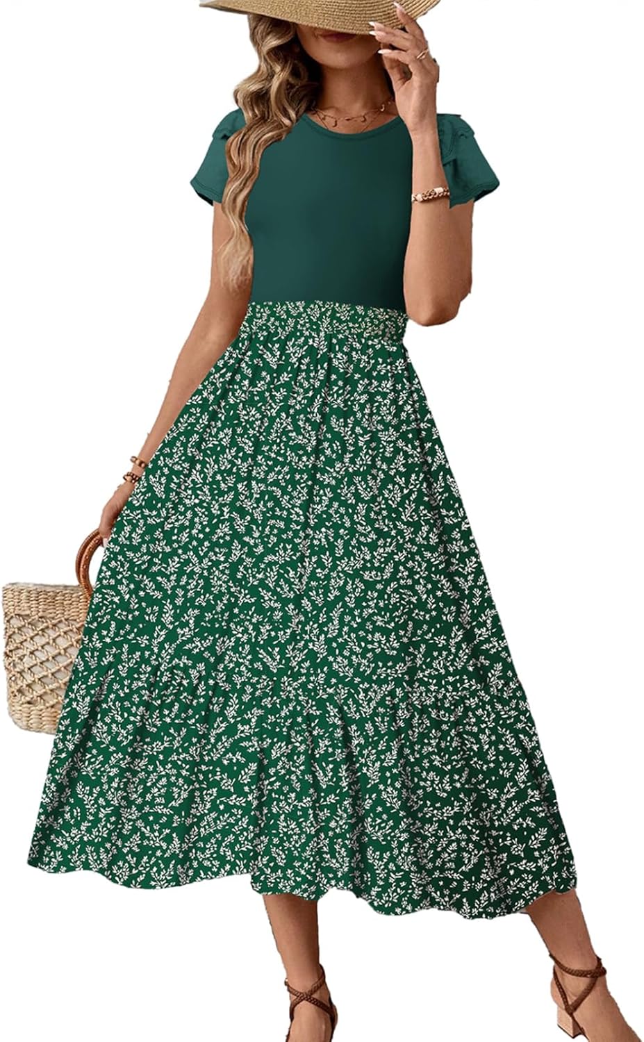 Dokotoo Womens Dresses Floral Print Maxi Dress 2025 Summer Casual Dresses for Women Crewneck Ruffle Short Sleeve Flowy Dresses Elegant Plus Size Summer Dresses with Pockets