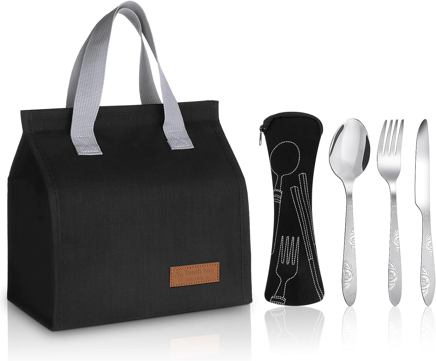 Pretocter5 Pcs Lunch Bag with Cutlery Set Insulated Lunch Box Tote Bag Stainless Steel Forks/Spoons/Knives Kit Waterproof Black Bento Bag Thermal Leak-Proof Lunch Organizer Bag for Women Men Student