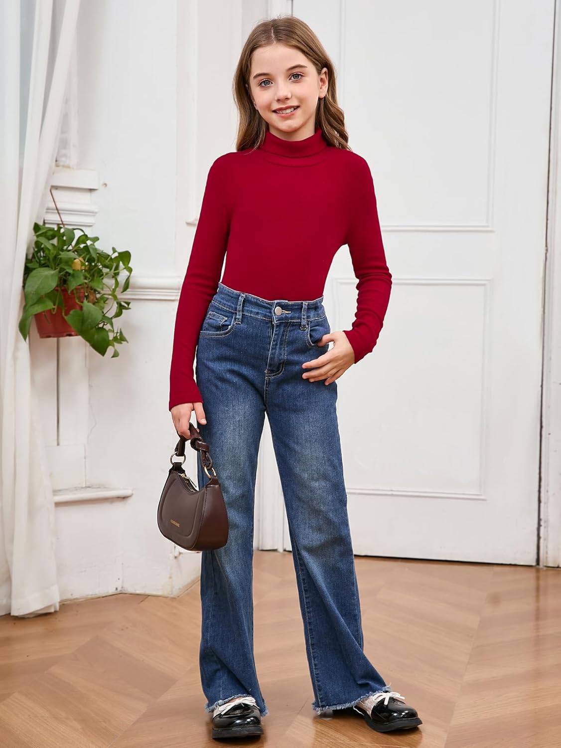 Milumia Girl's Casual Rib Knit Mock Turtle Neck Tee Long Sleeve Fitted T Shirt Tops - Image 3