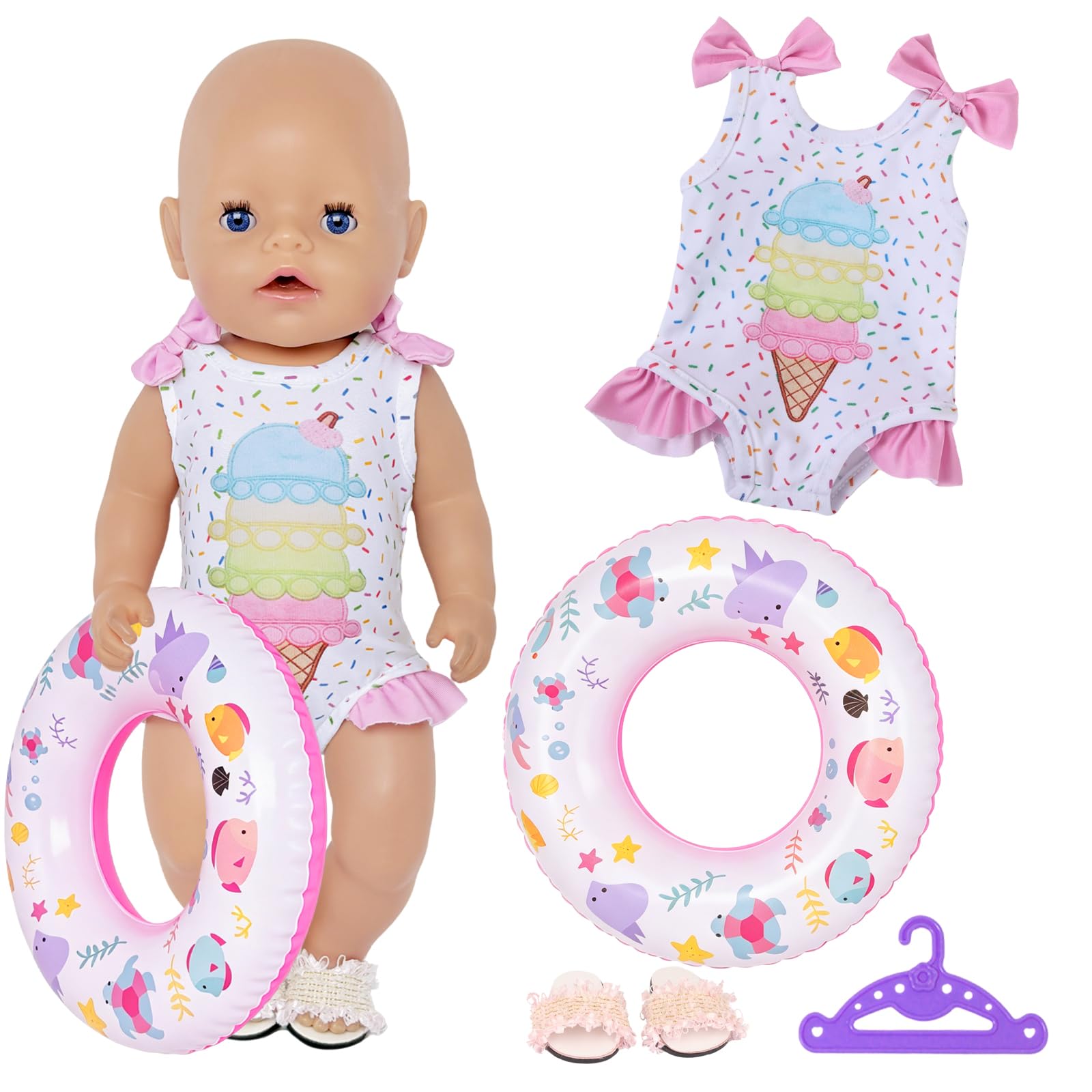 4 Pcs Baby Doll Clothes Swimsuits for 14-18 Inch New Doll Clothes Ice Cream Print Swimming Outfits, with Swimming Ring Shoes Hanger Baby Doll Accessories for 35–45 cm Beach Dolls Birthday Girls