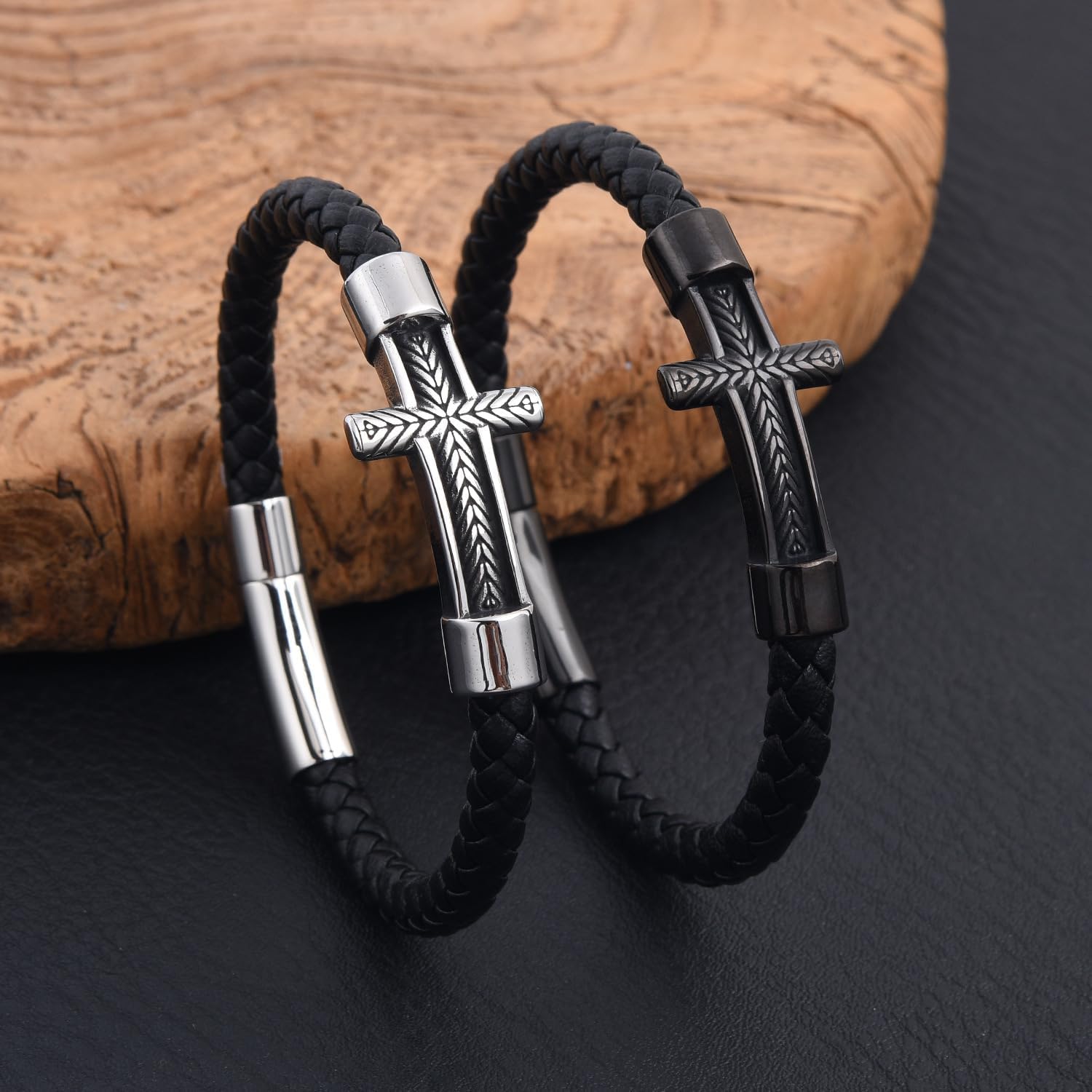 Cross Leather Bracelet for Men & Women, Stainless Steel Black Braided Leather Wristband with Clasp, Minimalist Religious Jewelry