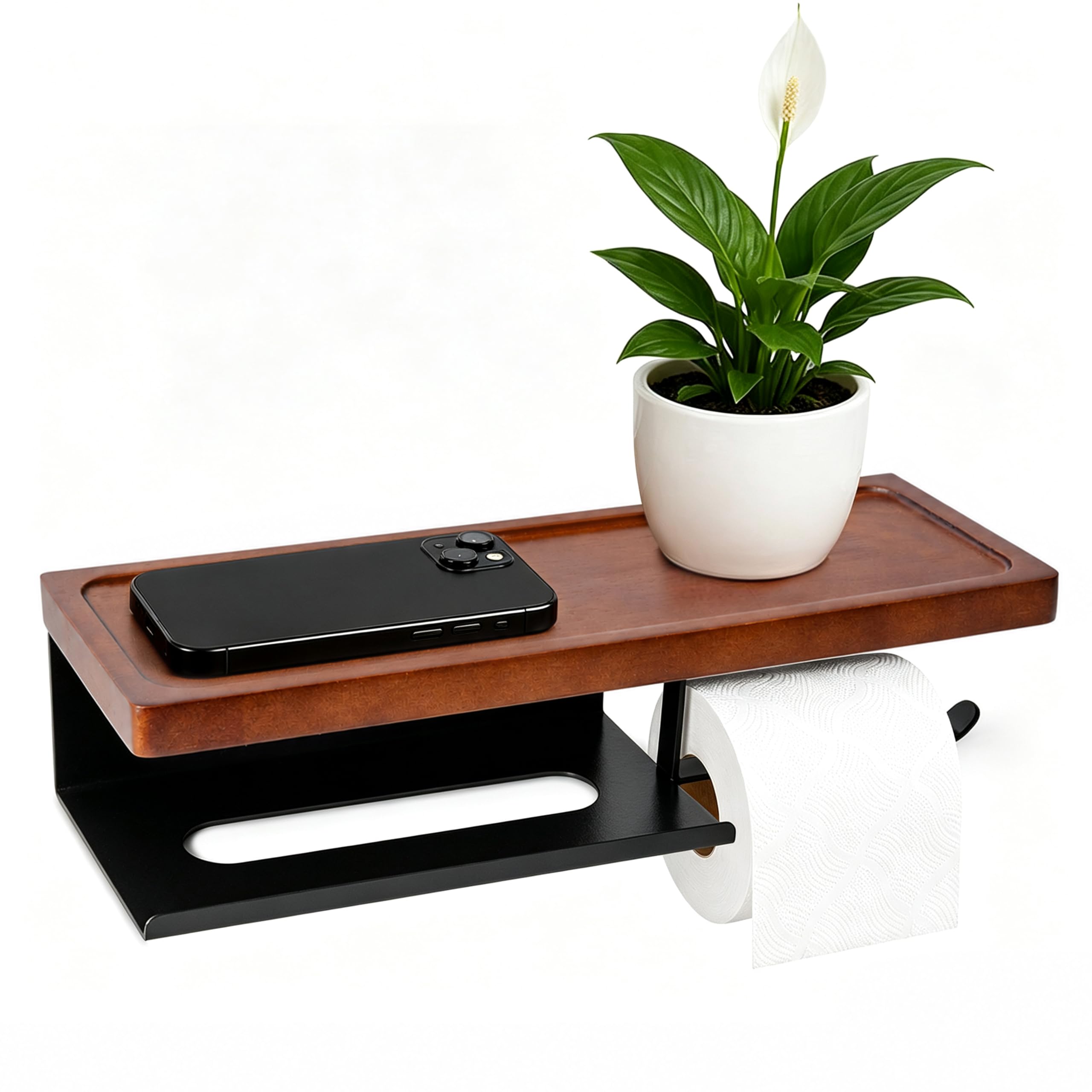 Wood Toilet Paper Holder with Shelf, Black Self-Adhesive Wall Mount