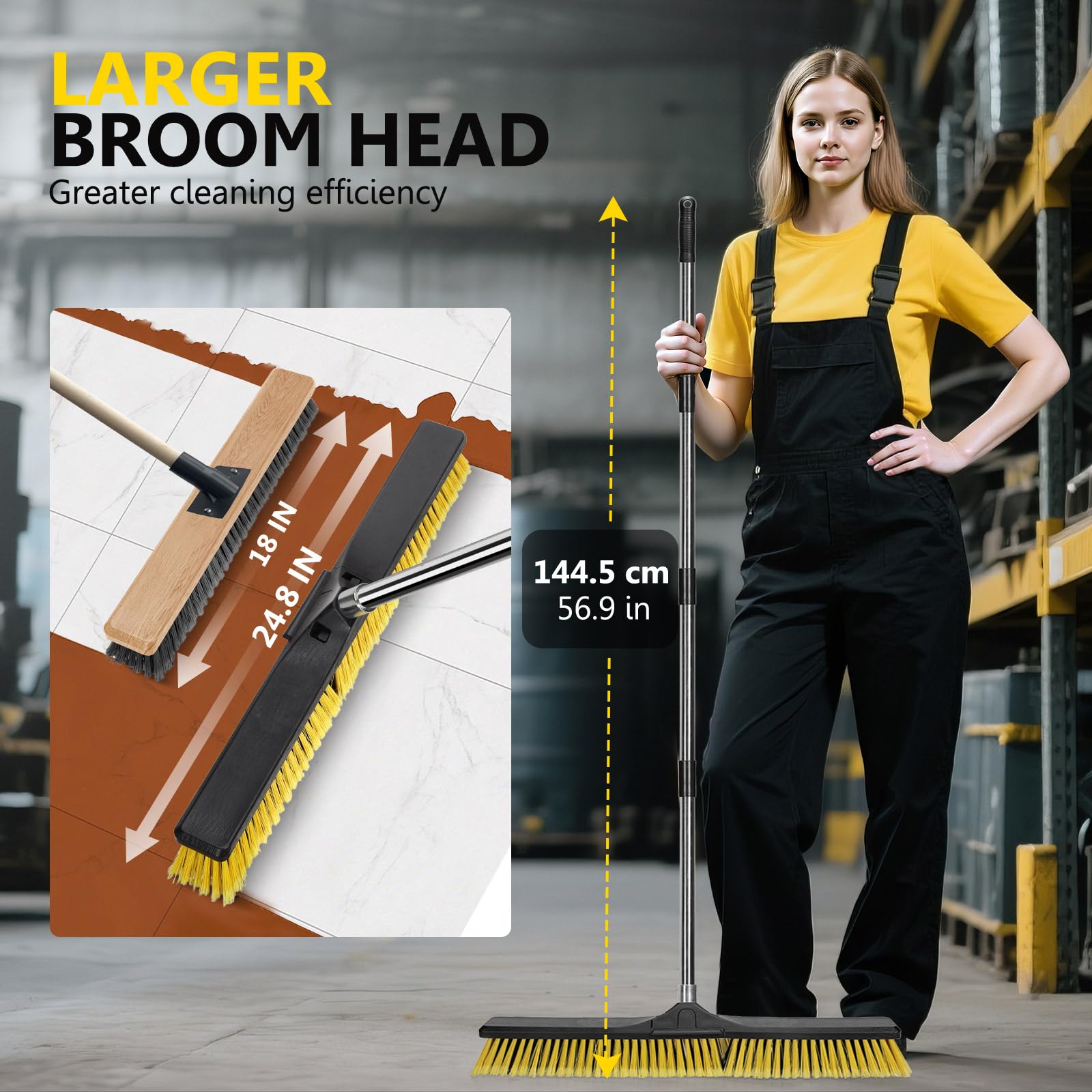 Masthome - Scopa a spinta da 61 cm, con setole rigide per esterni, resistente, scopa da garage, scopa da negozio, scopa a spinta per interni, scopa industriale per esterni per la pulizia di cemento,