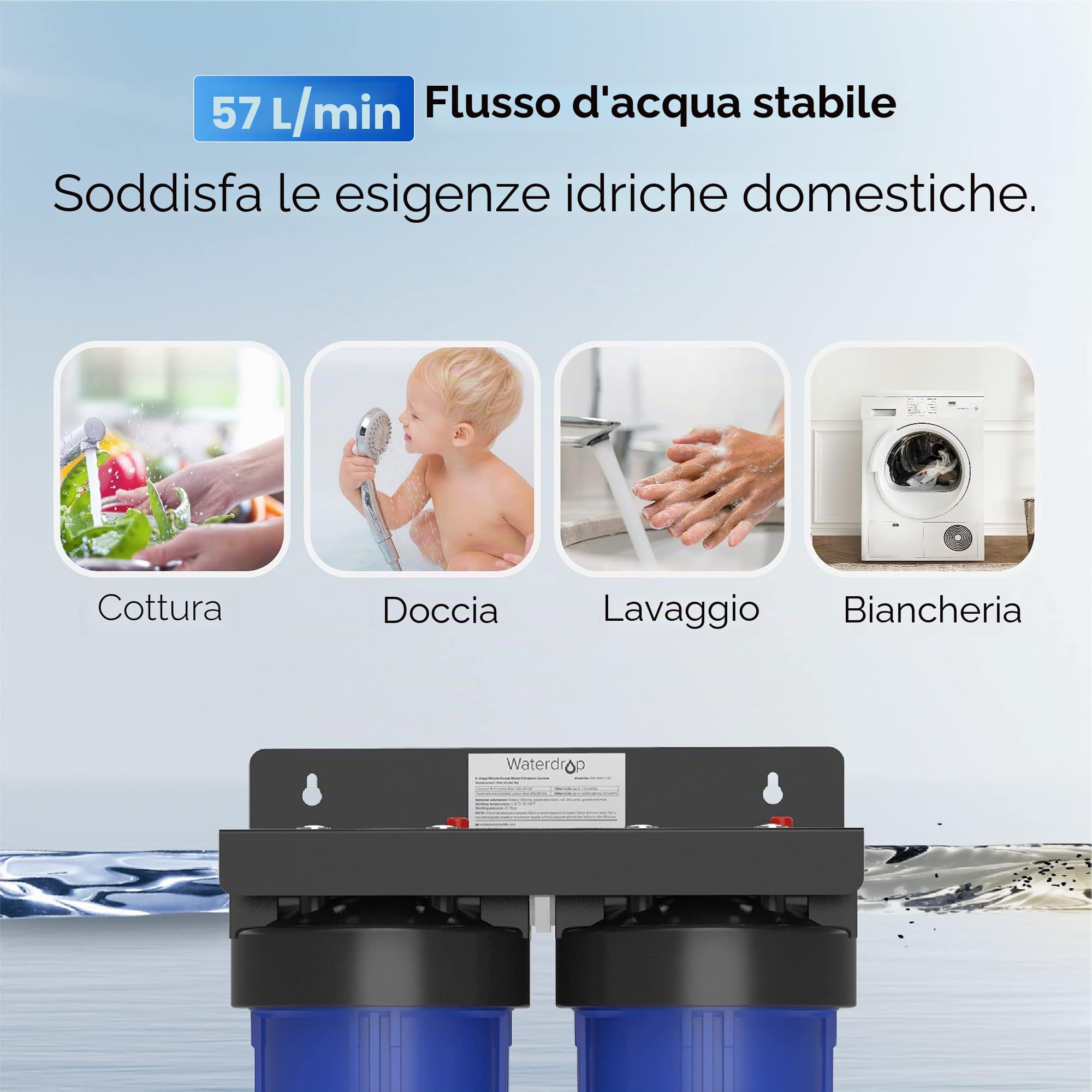 Waterdrop Sistema di Filtraggio dell'Acqua per Tutta la Casa, con Filtro a Carbone e a Sedimenti, Filtraggio a 5 Stadi, Riduzione di Piombo, Cloro, Odori e Sapori, 5 Micron WD-WHF21-PG